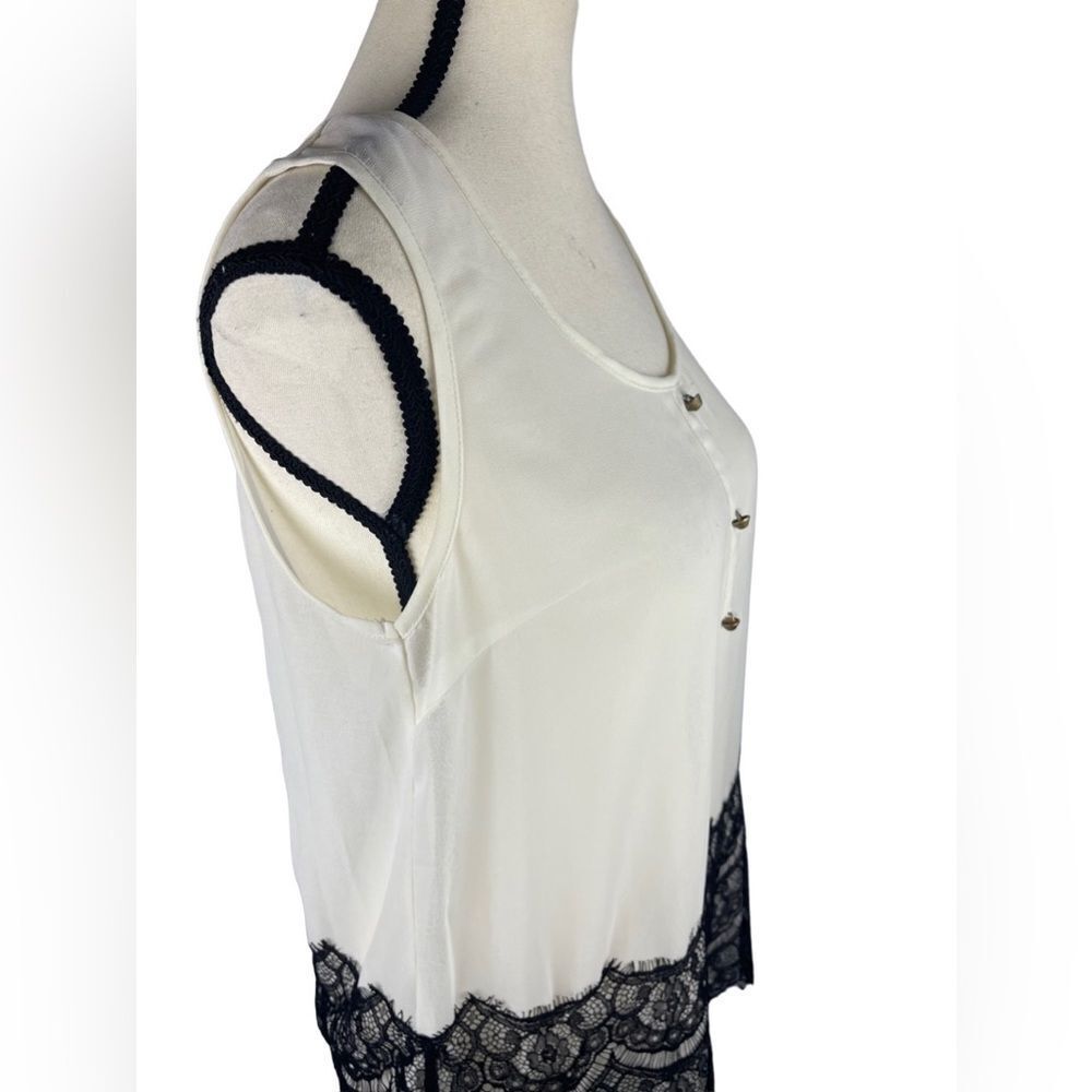 MINE White sheer Sleeveless Top w black lace hem‎ Sz Sfront buttons - Picture 2 of 6